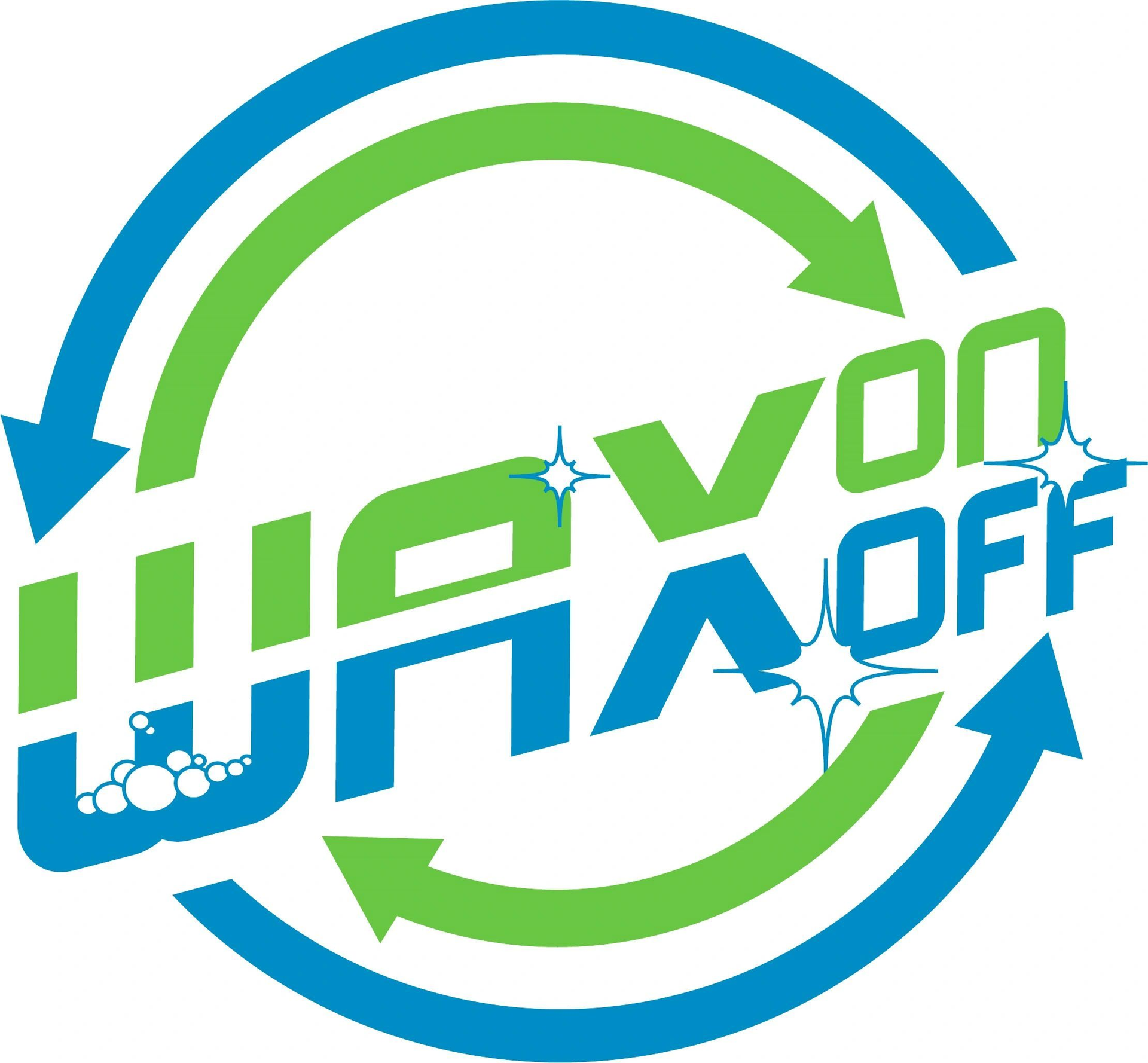 Logo for Wax Off, blue and green with arrows, bubbles, and sparkles.