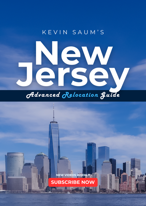 Blue New Jersey travel guide cover with skyline, “Kevin Sam’s New Jersey,” and a red “Subscribe Now” banner