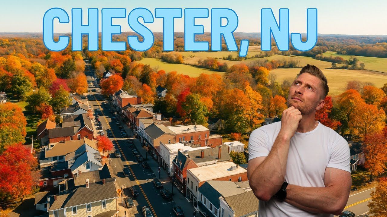 Chester, NJ aerial view with autumn trees and a man thinking in the foreground