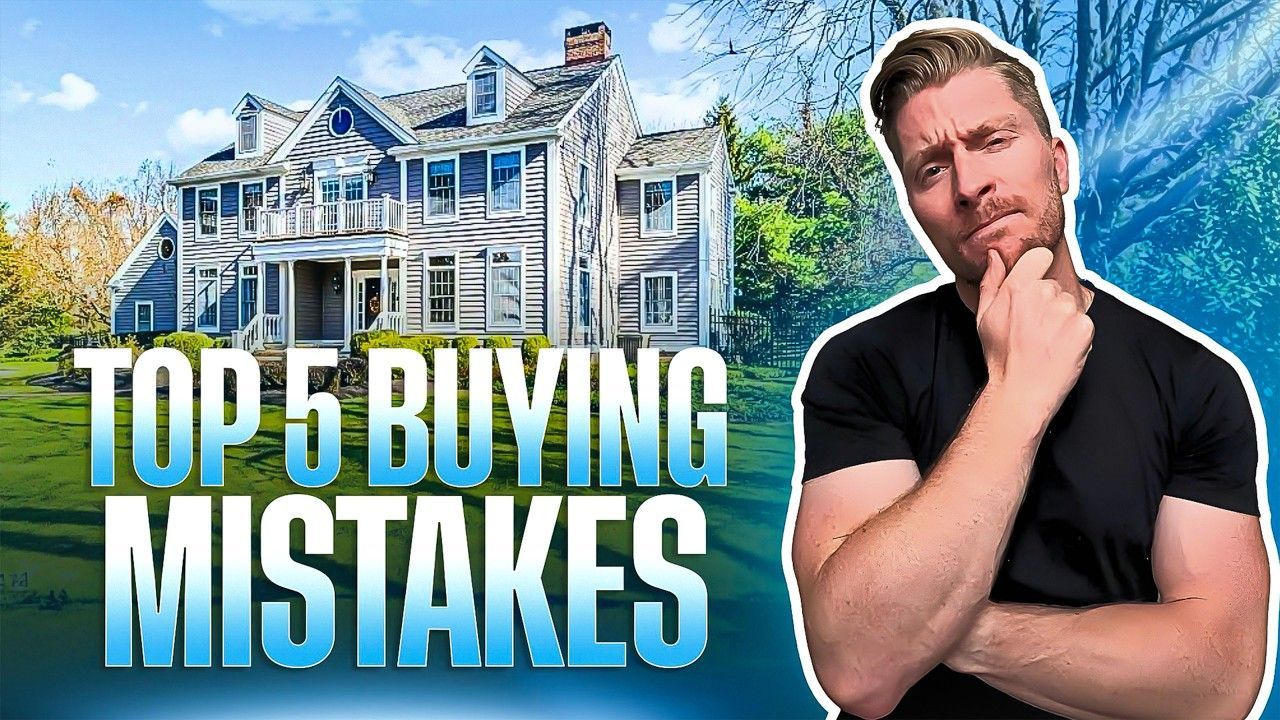 “Top 5 Buying Mistakes” text over houses with a man posing thoughtfully on the right.