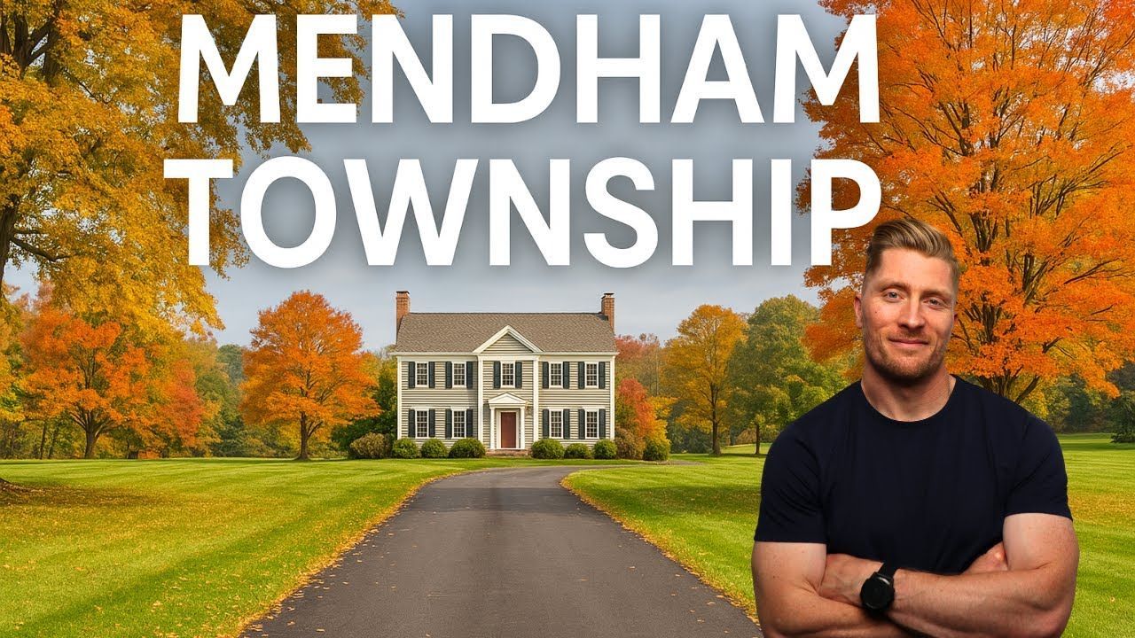 Mendham Township title over autumn estate road with a mansion and a man standing at right