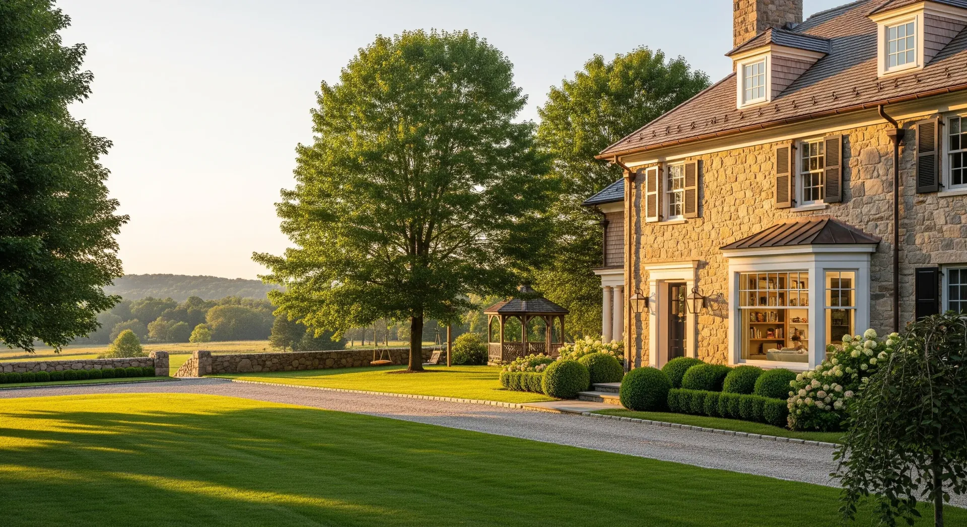 Stone house with lush green lawn and gravel driveway, trees, and countryside view.