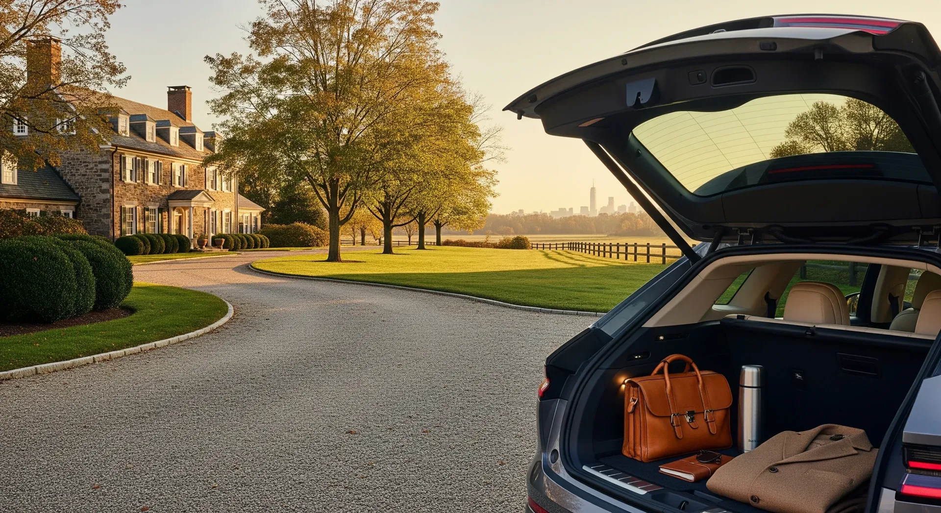SUV trunk open, overlooking a mansion. Suitcase, water bottle, and sweater inside.