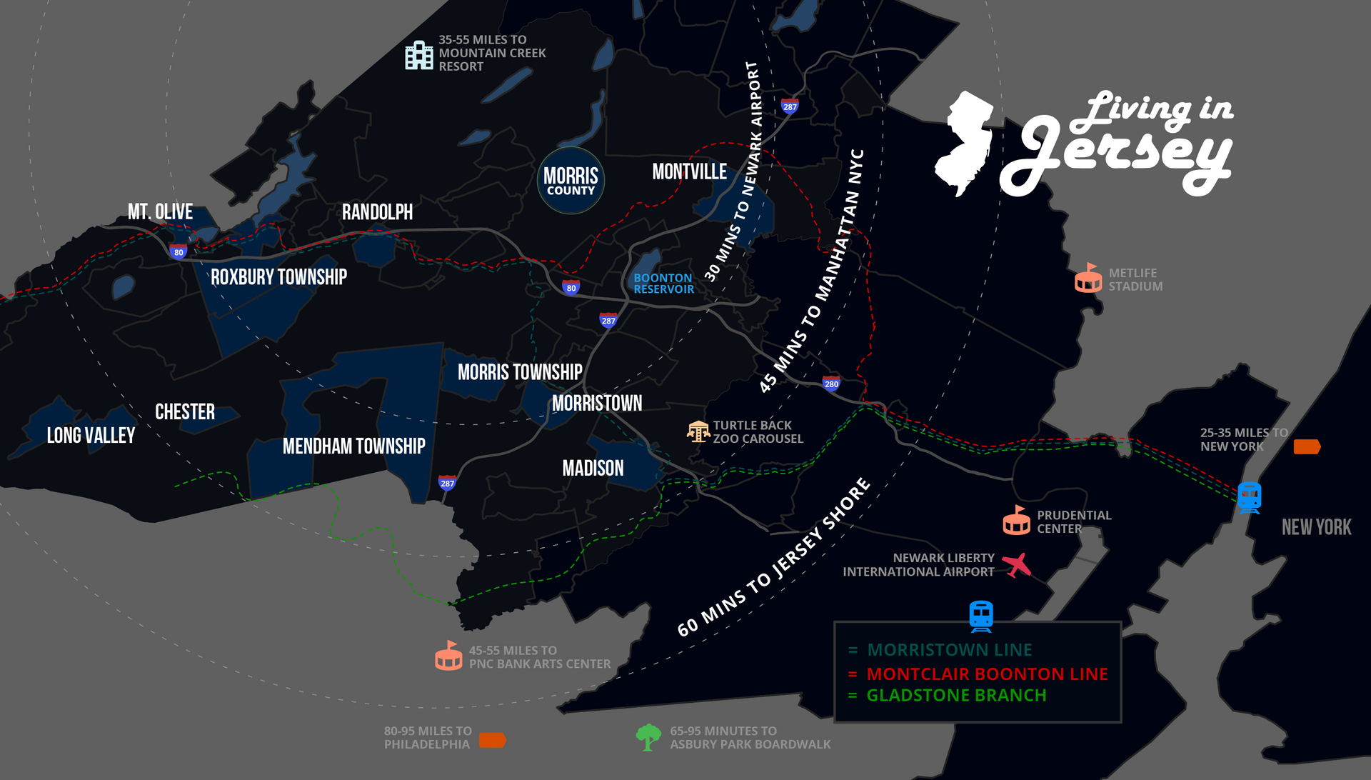Map of New Jersey with highlighted areas and icons; includes text 