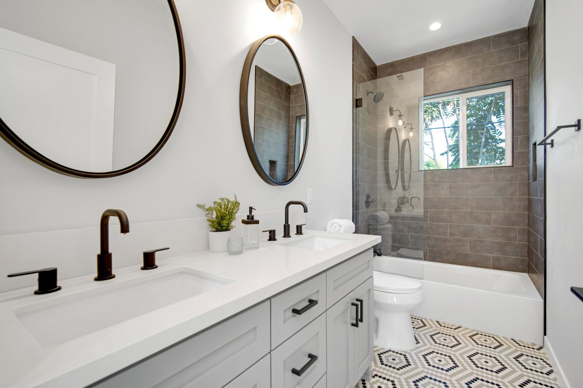 The private, ensuite, full bathroom in the master bedroom of an accessory dwelling unit (ADU).