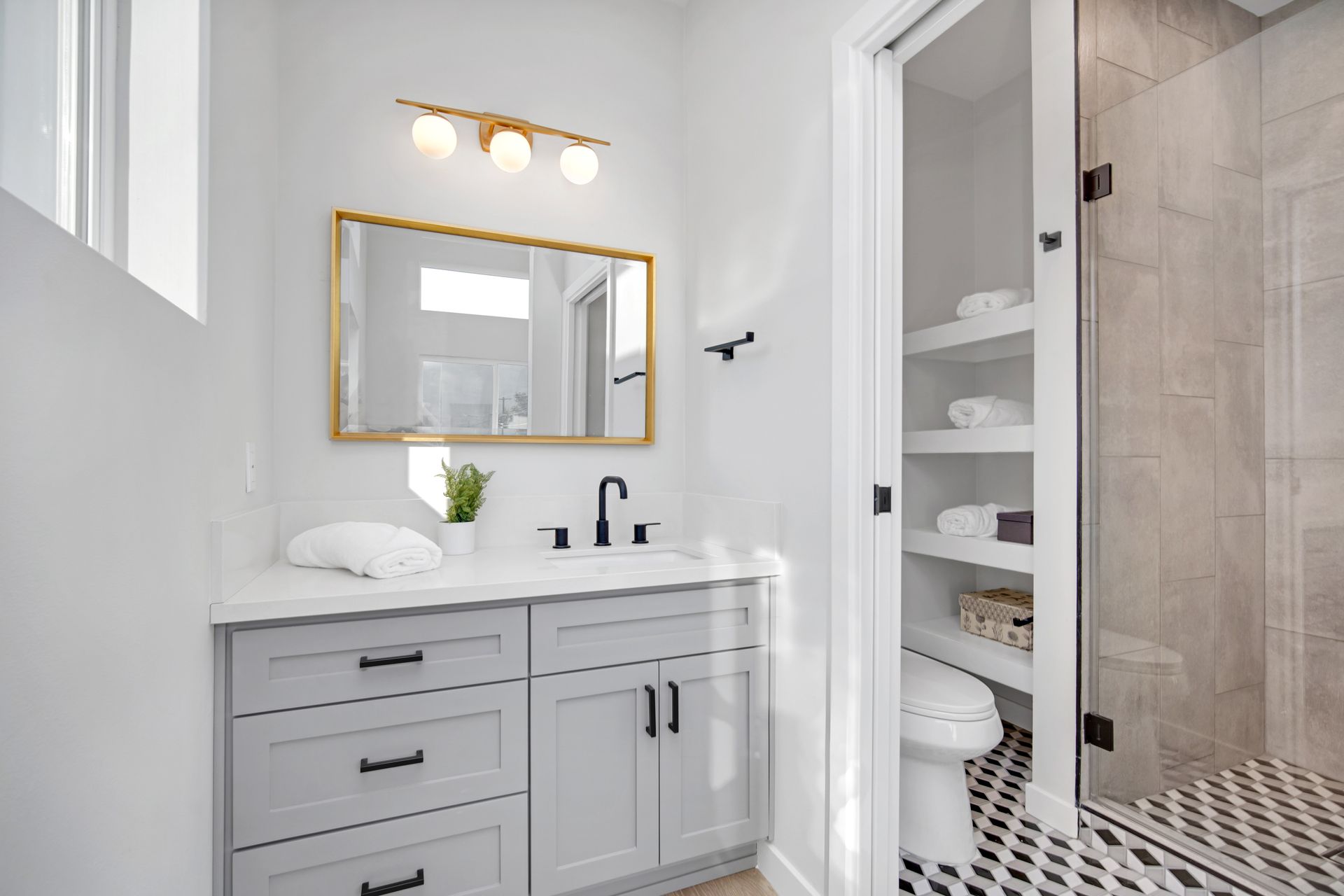 The private, ensuite, full bathroom in the master bedroom of an accessory dwelling unit (ADU).