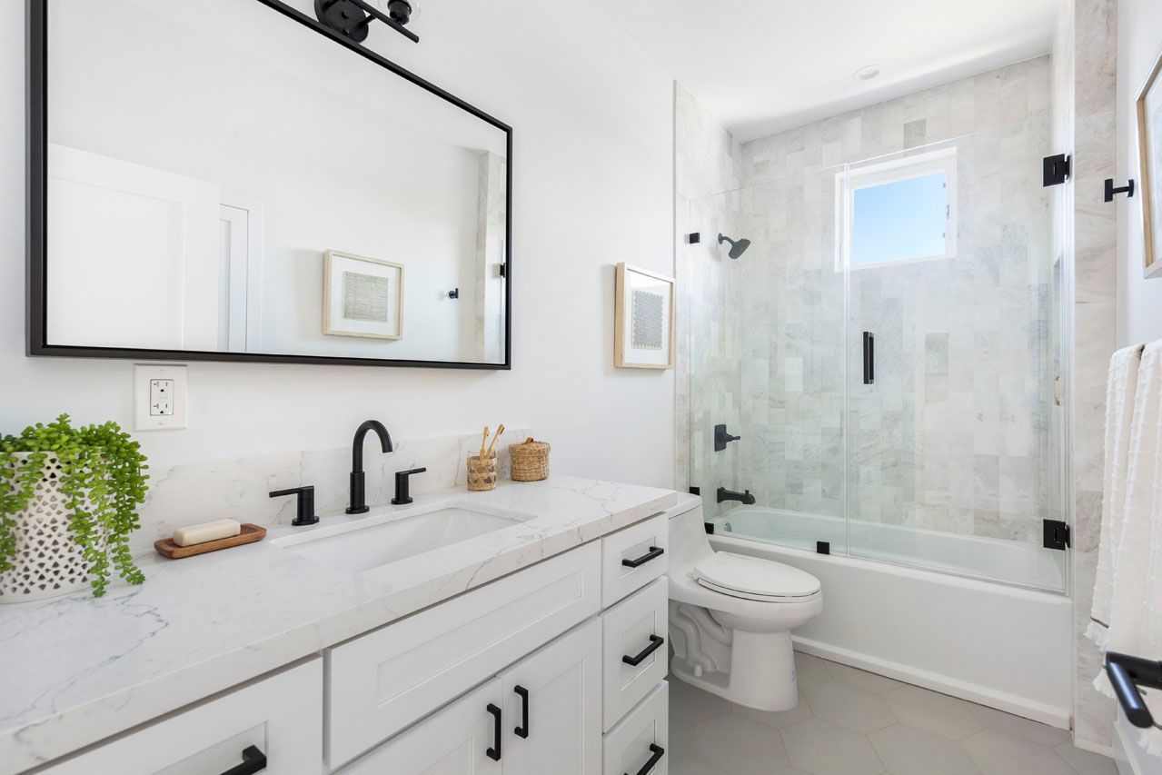 The private, ensuite, full bathroom in the master bedroom of an accessory dwelling unit (ADU).