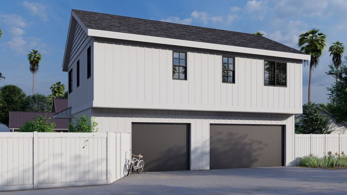 A two-bedroom carriage house style accessory dwelling unit (ADU), over a newly rebuilt three-car that was built in Long Beach, CA