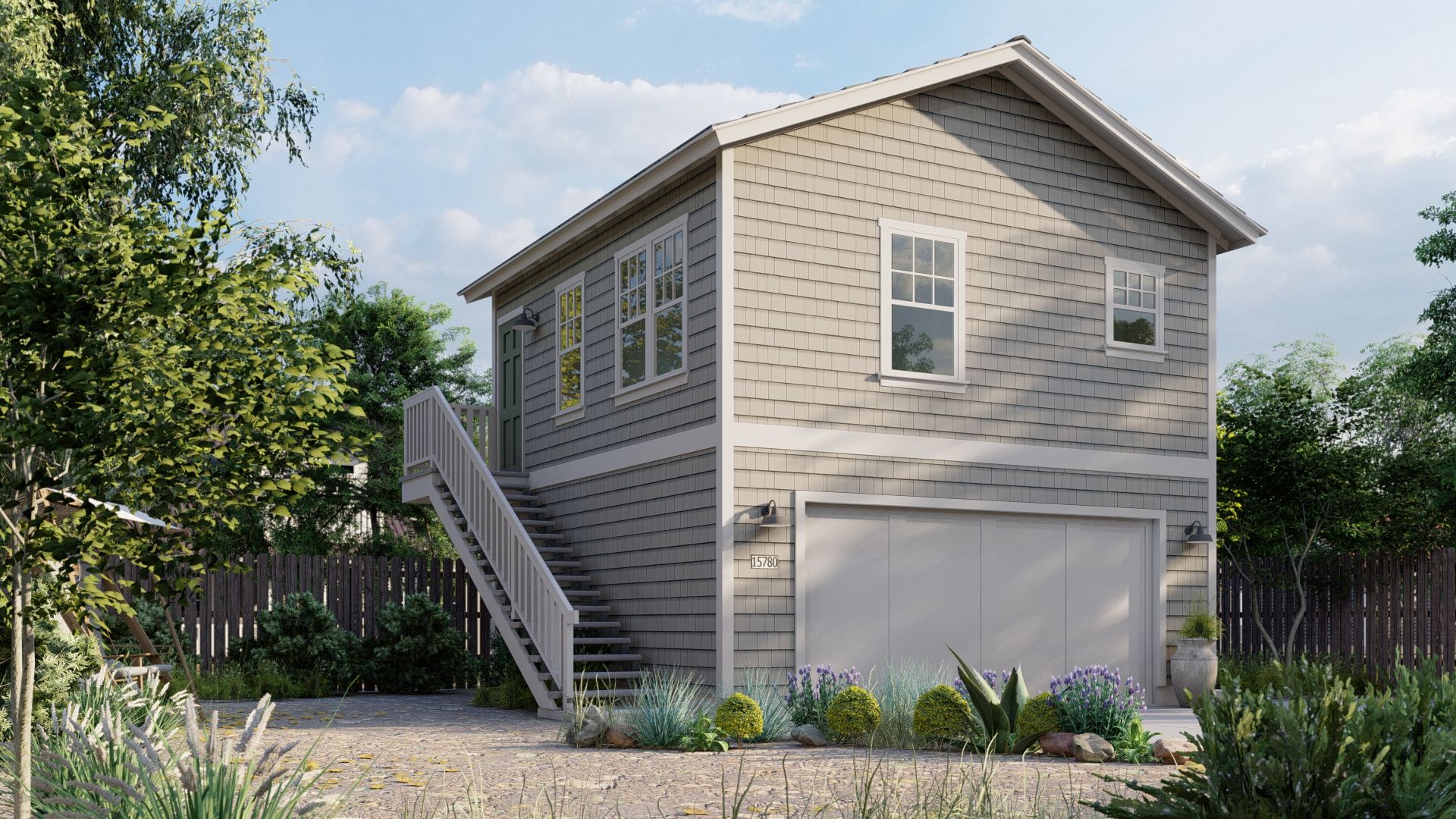 A one-bedroom carriage house style accessory dwelling unit (ADU) backyard home. 