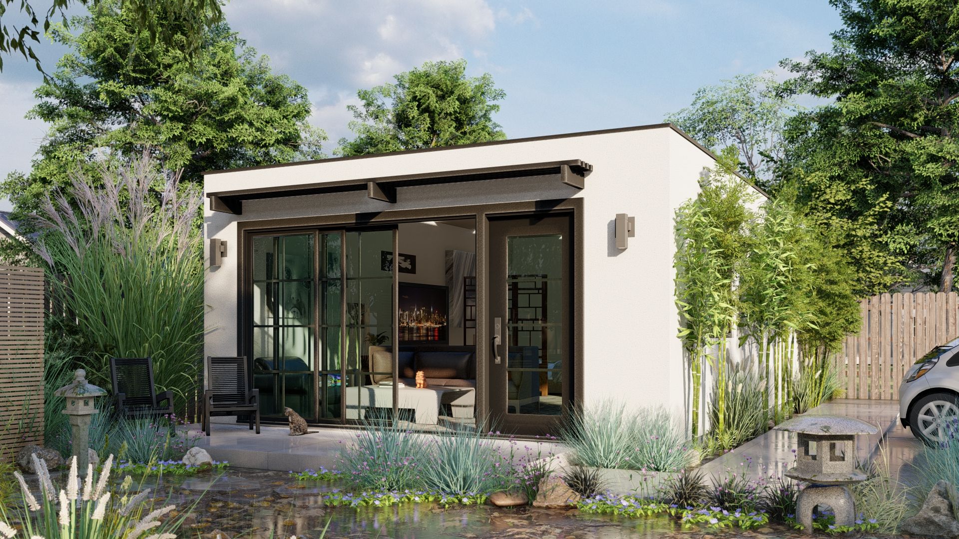 A studio-style accessory dwelling unit (ADU) backyard tiny home featuring French doors. 