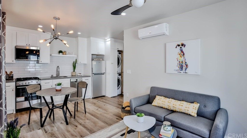 The kitchen/ dining area/ living room open floor plan of an accessory dwelling unit (ADU) granny flat.