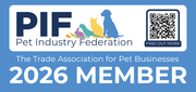 PIF Pet Industry Federation 2026 member badge with dog and cat silhouettes on a blue background