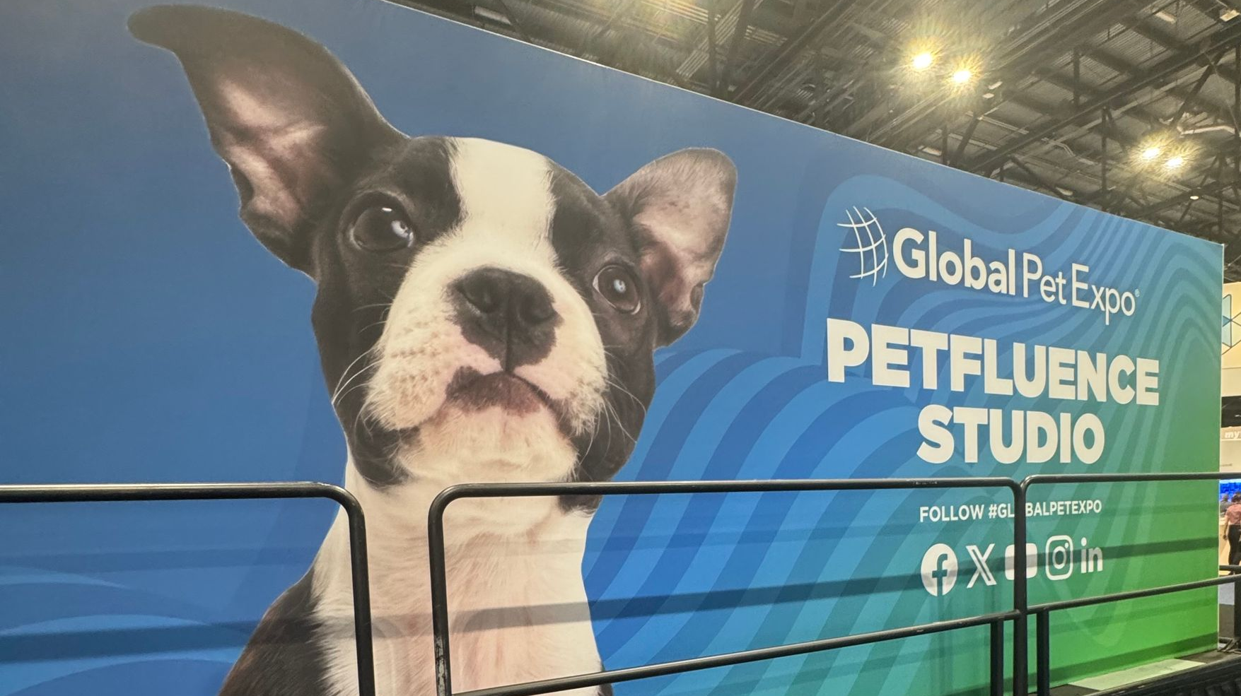 A blue and green display for Global Pet Expo's Petfluence Studio featuring a large, alert Boston Terrier.