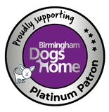 Birmingham Dogs Home platinum patron badge with purple center, white dog icon, and black ring text