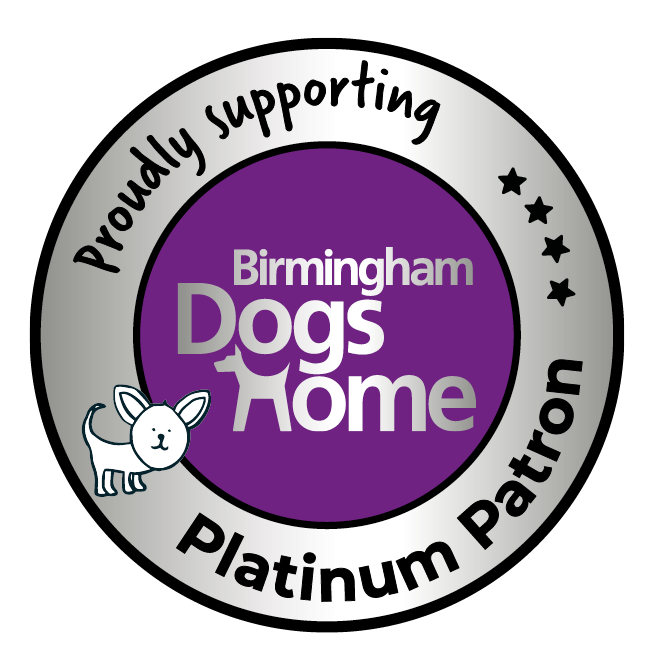 Birmingham Dogs Home platinum patron badge with purple center, white dog icon, and black ring text