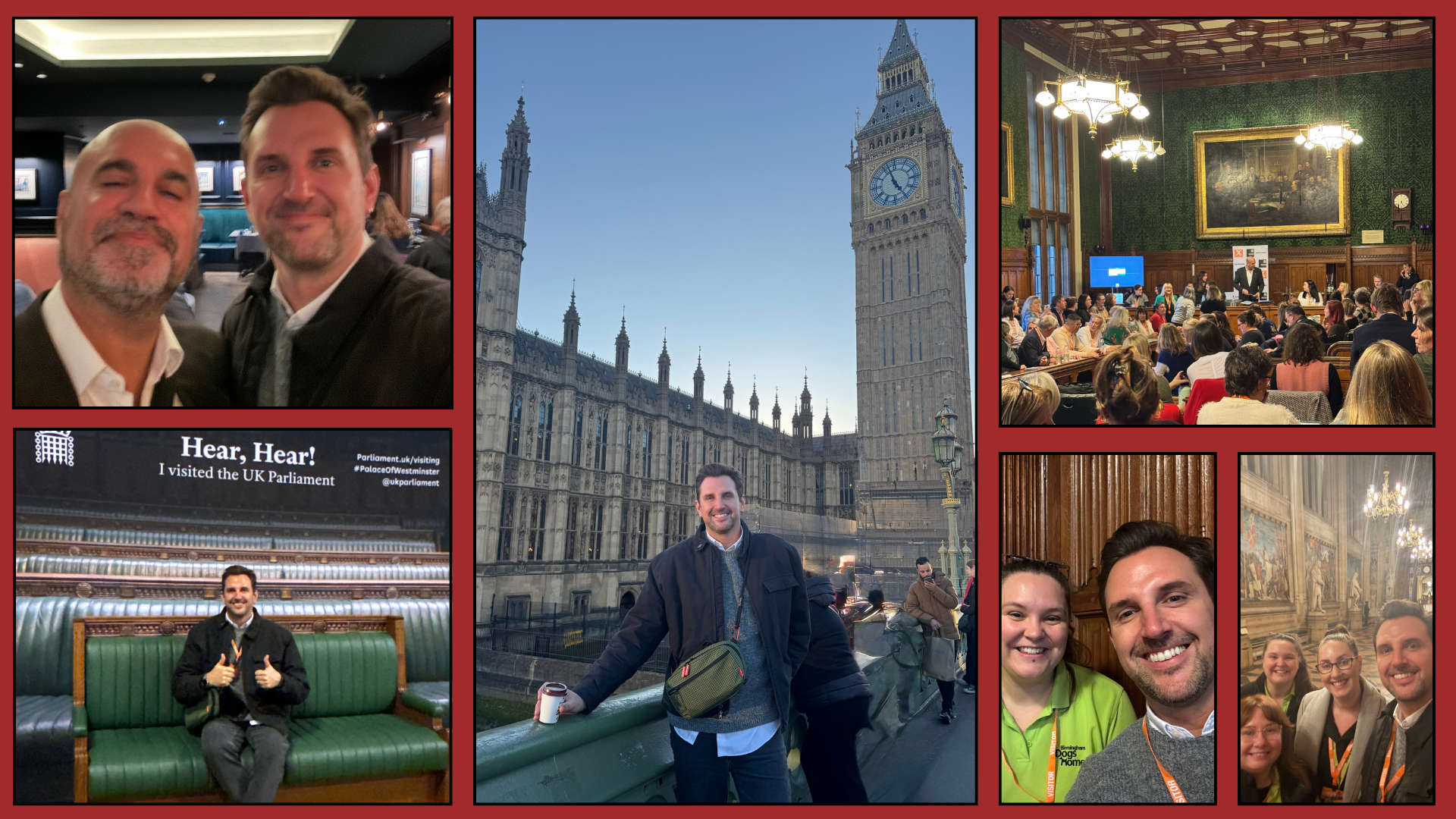 A photo collage shows a man at the Houses of Parliament in London, including shots of him, friends, and indoor meetings.