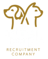 Gold outline of a dog and cat back-to-back above the words “Recruitment Company”