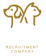 Gold outline of a dog and cat back-to-back above the words “Recruitment Company”