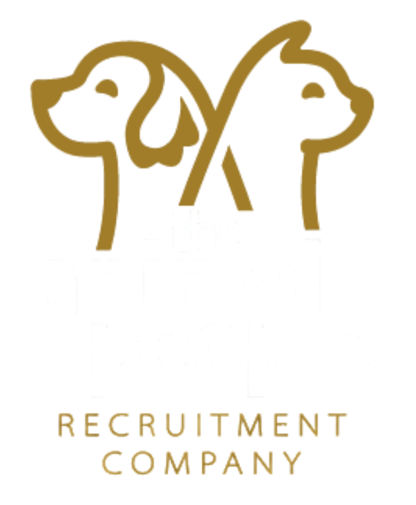 Gold outline of a dog and cat back-to-back above the words “Recruitment Company”