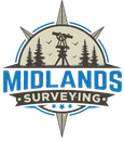 Midlands Surveying logo: Compass rose design with theodolite, trees, birds, and company name in blue.