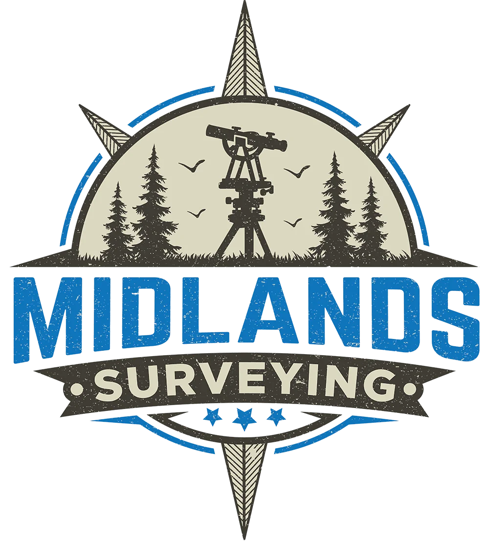 Midlands Surveying logo: Compass rose design with theodolite, trees, birds, and company name in blue.