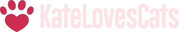 A logo for a company called kate loves cats with a paw print and a heart.