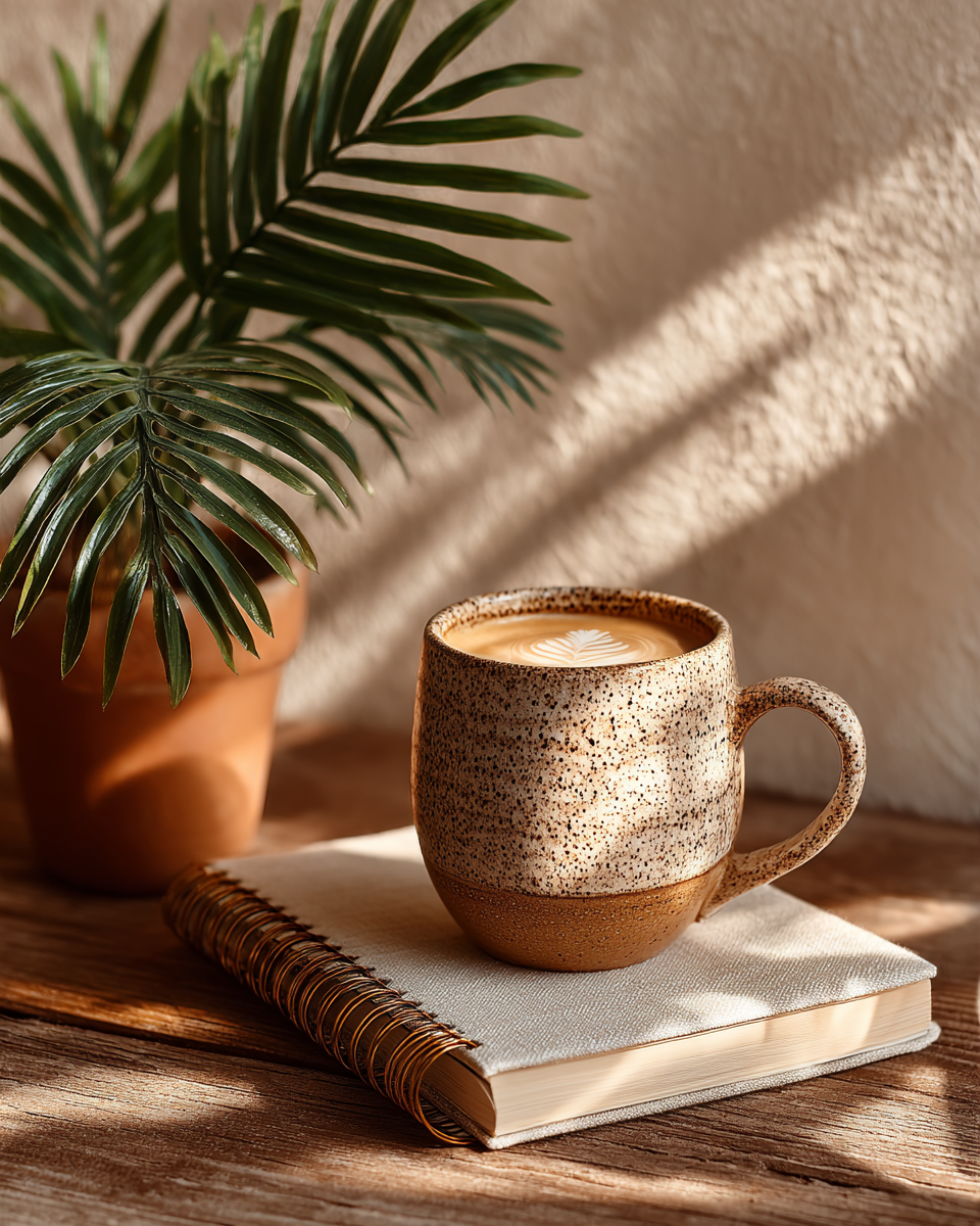 Soft morning light, hands holding a cup of tea beside a notebook