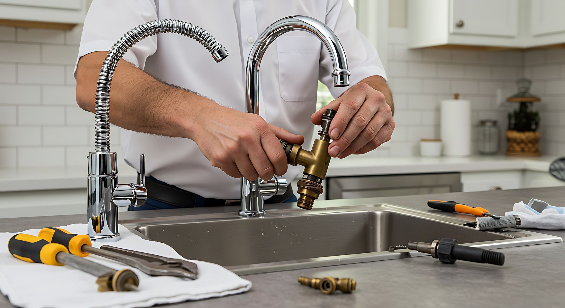 A plumber is fixing a faucet in a kitchen.
