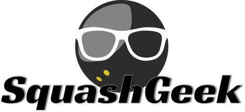 A logo for squashgeek with a cartoon face wearing sunglasses.