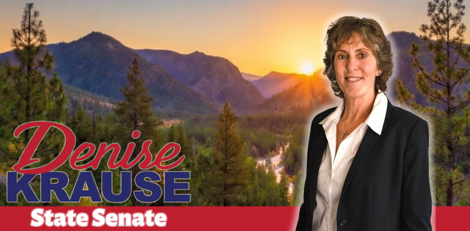 Denise Krause, State Senate candidate, smiling, wearing a blazer, with mountains and sunset background.