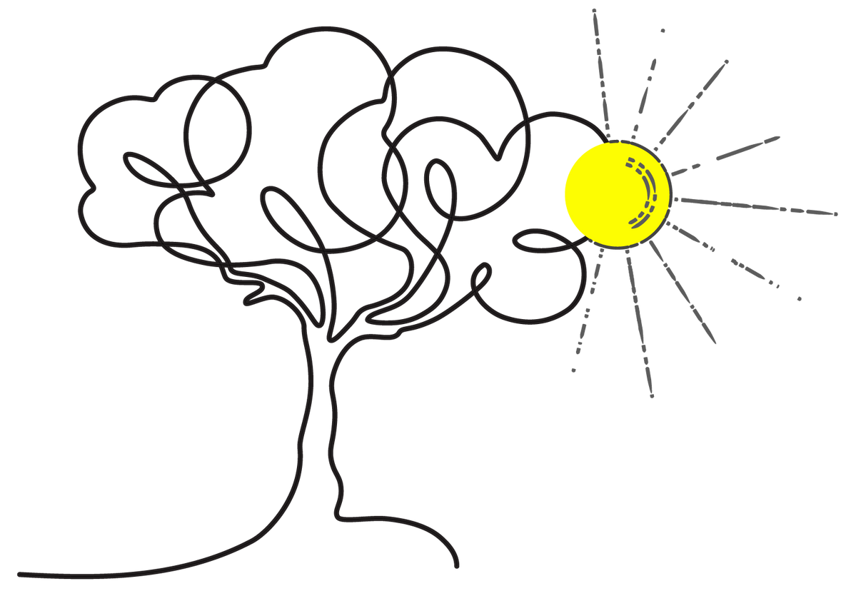 A drawing of a tree with a sun shining through it.