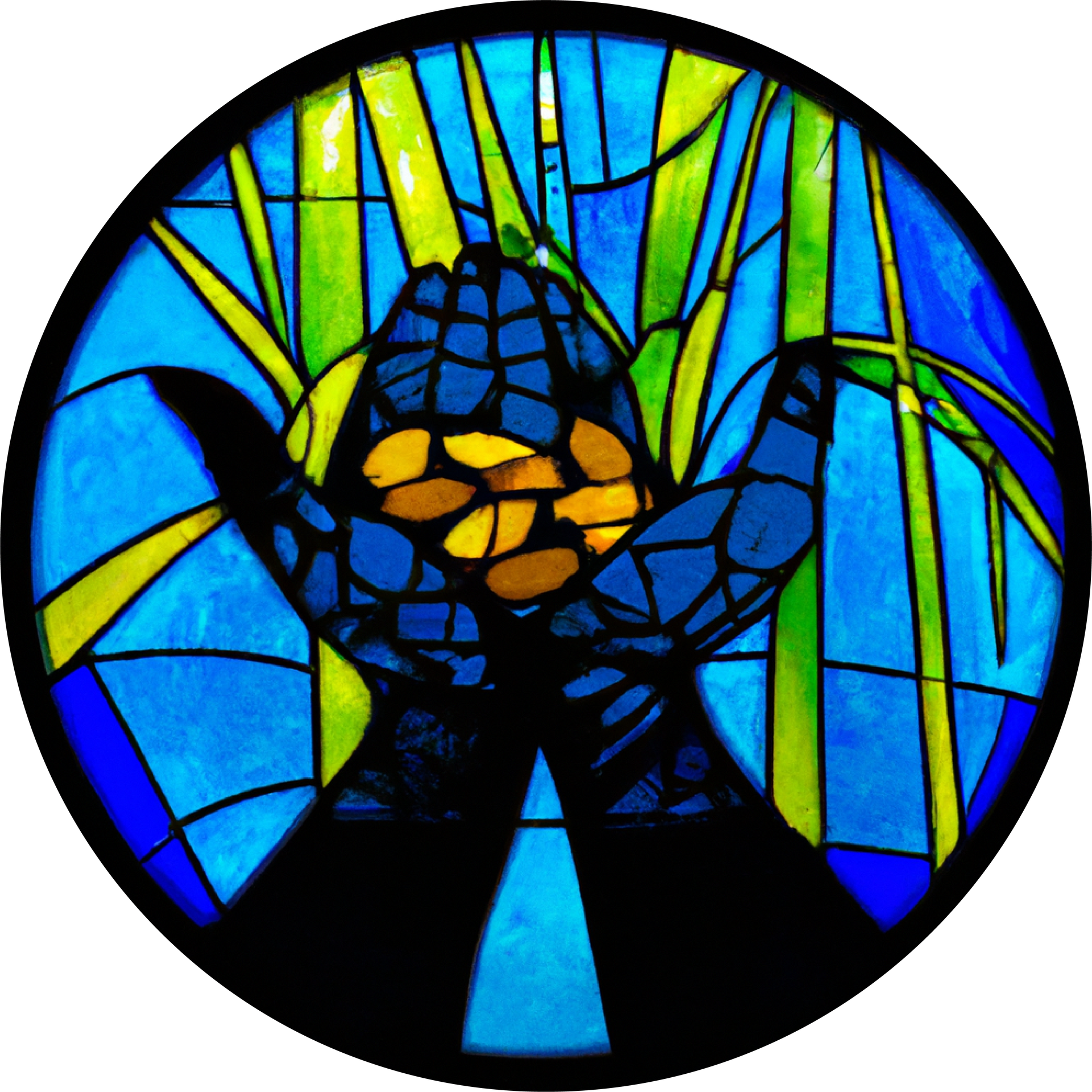 A stained glass window shows two hands holding corn
