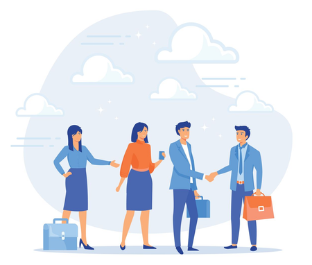 Four business people shaking hands in a light blue office-style illustration, with clouds in the background