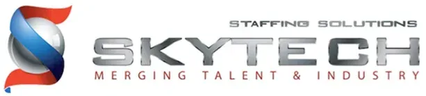 Skytech Staffing Solutions logo with red and blue abstract S icon and gray text,