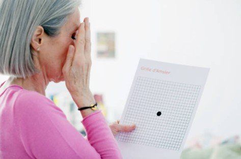 Woman using an Amsler grid eye test chart, holding her hand over her eye, indoors.