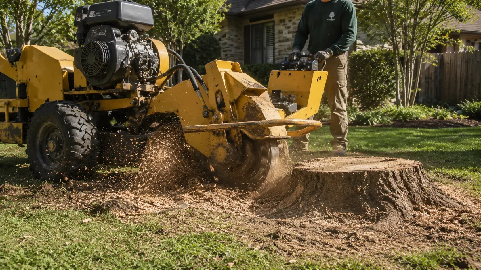 Yellow stump grinder at work—how long does stump grinding take in Hamilton, MT?