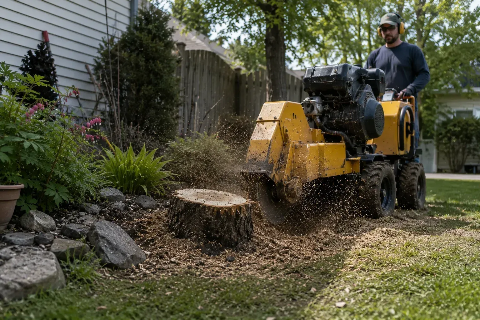 Does stump grinding damage nearby landscaping or irrigation lines? Operator at work.