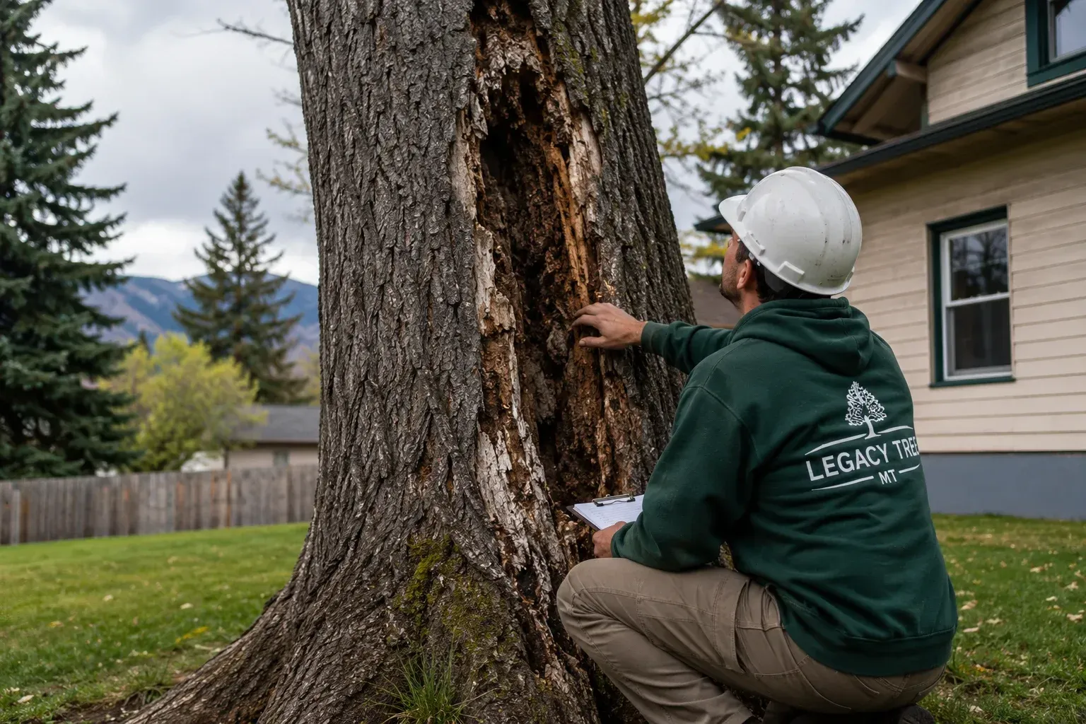 Arborist examining a diseased tree trunk to assess how do you know if a tree needs to come down.