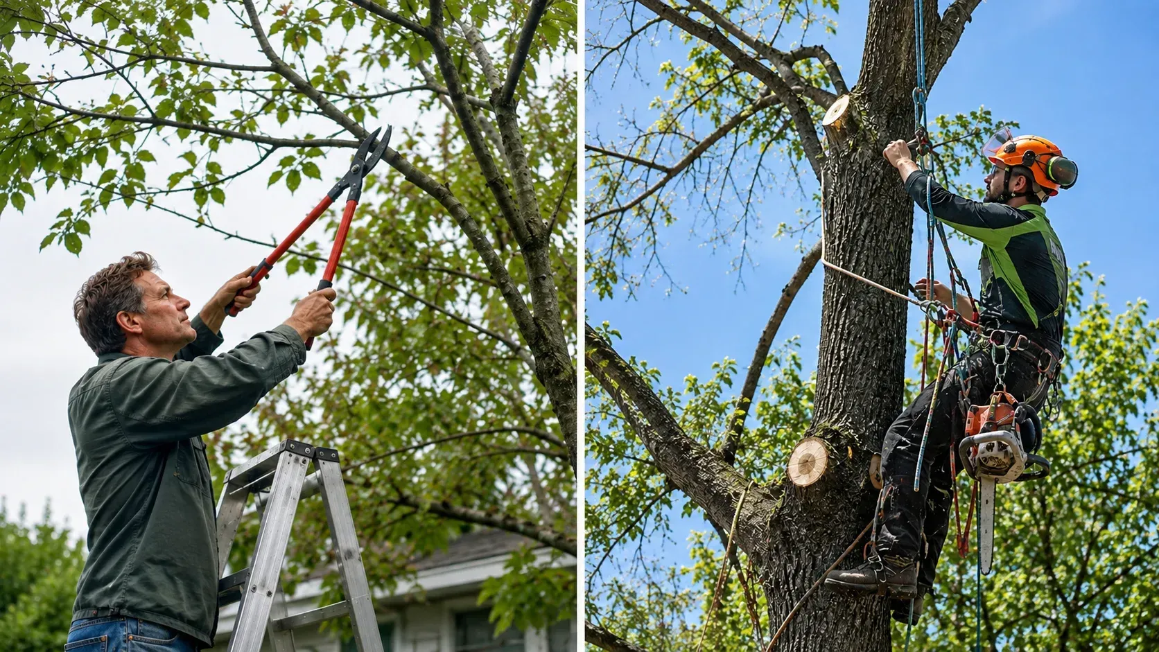 A man trimming branches: Should You Trim Trees Yourself or Hire a Professional Arborist?