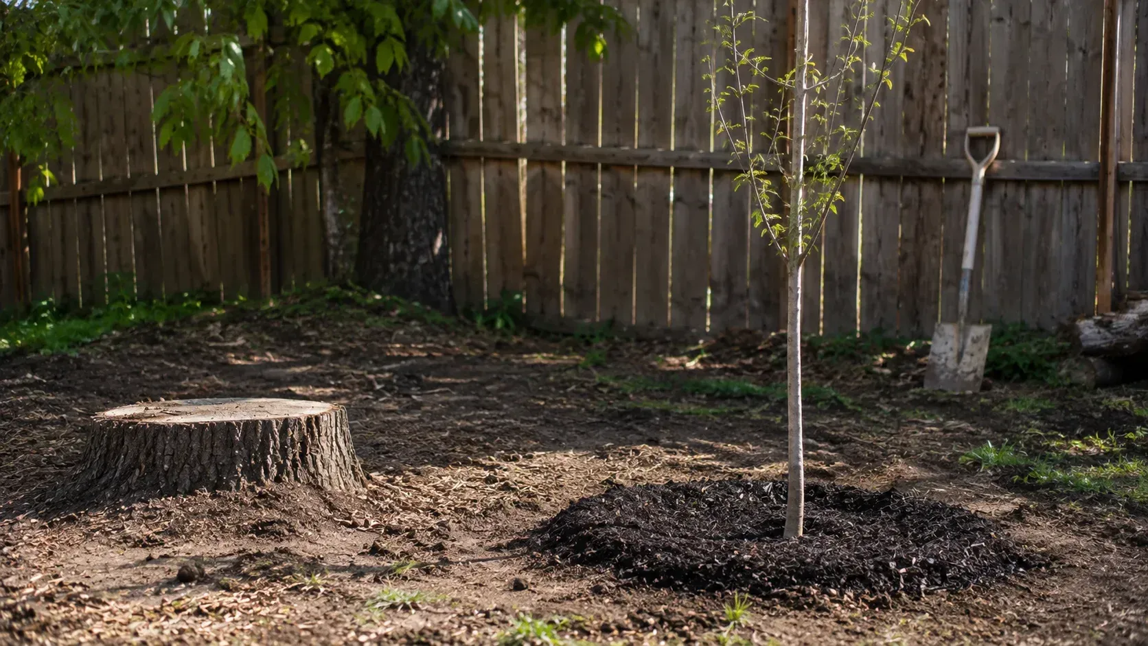 Newly planted young tree next to a tree stump: Can You Plant a New Tree After Stump Grinding?