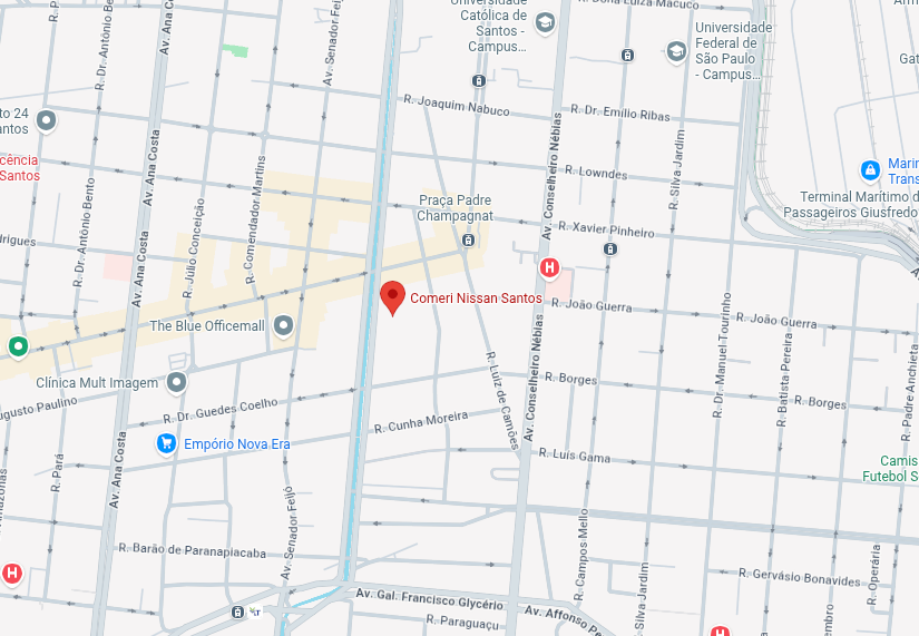 Mapa com um marcador vermelho indicando uma localização. Ruas e edifícios são visíveis.