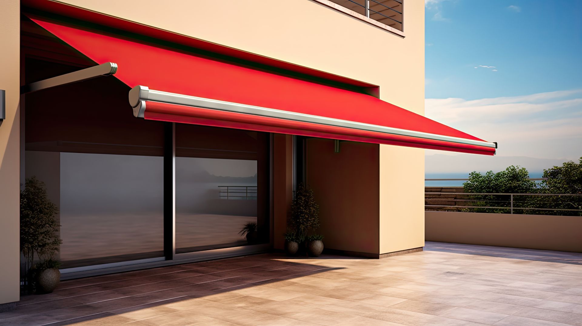 View of red awning over a big window on a house exterior. View of red awning over a big window on a house exterior.