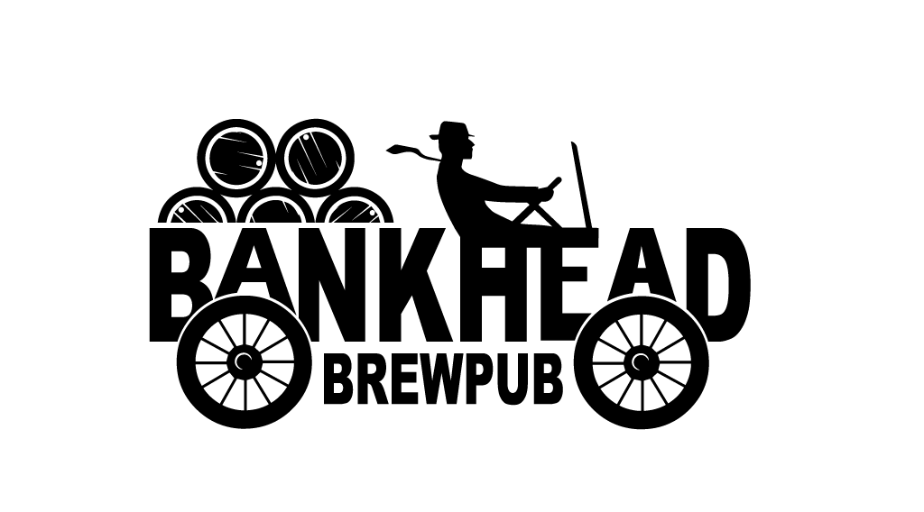 Black-and-white logo for Bankhead Brewpub with wagon wheels and a bird on top