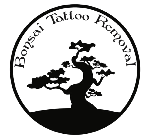 Bonsai Tattoo Removal logo with black bonsai tree silhouette in a circle