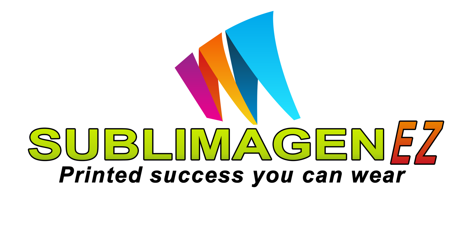 Sublimation printing logo with colorful swatches and tagline “Printed success you can wear”