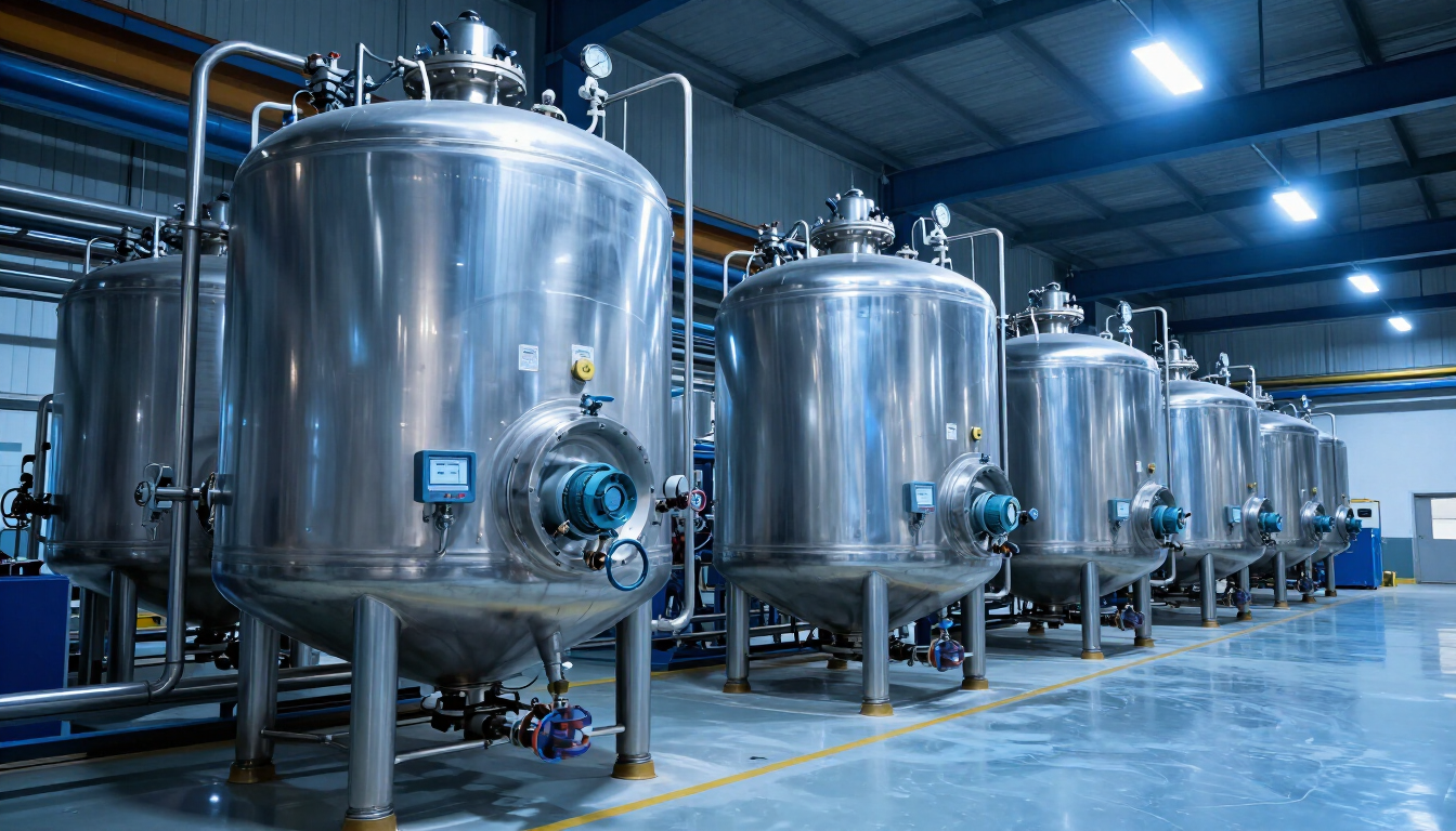 Large stainless steel mixing tanks on the PolyArmor production floor