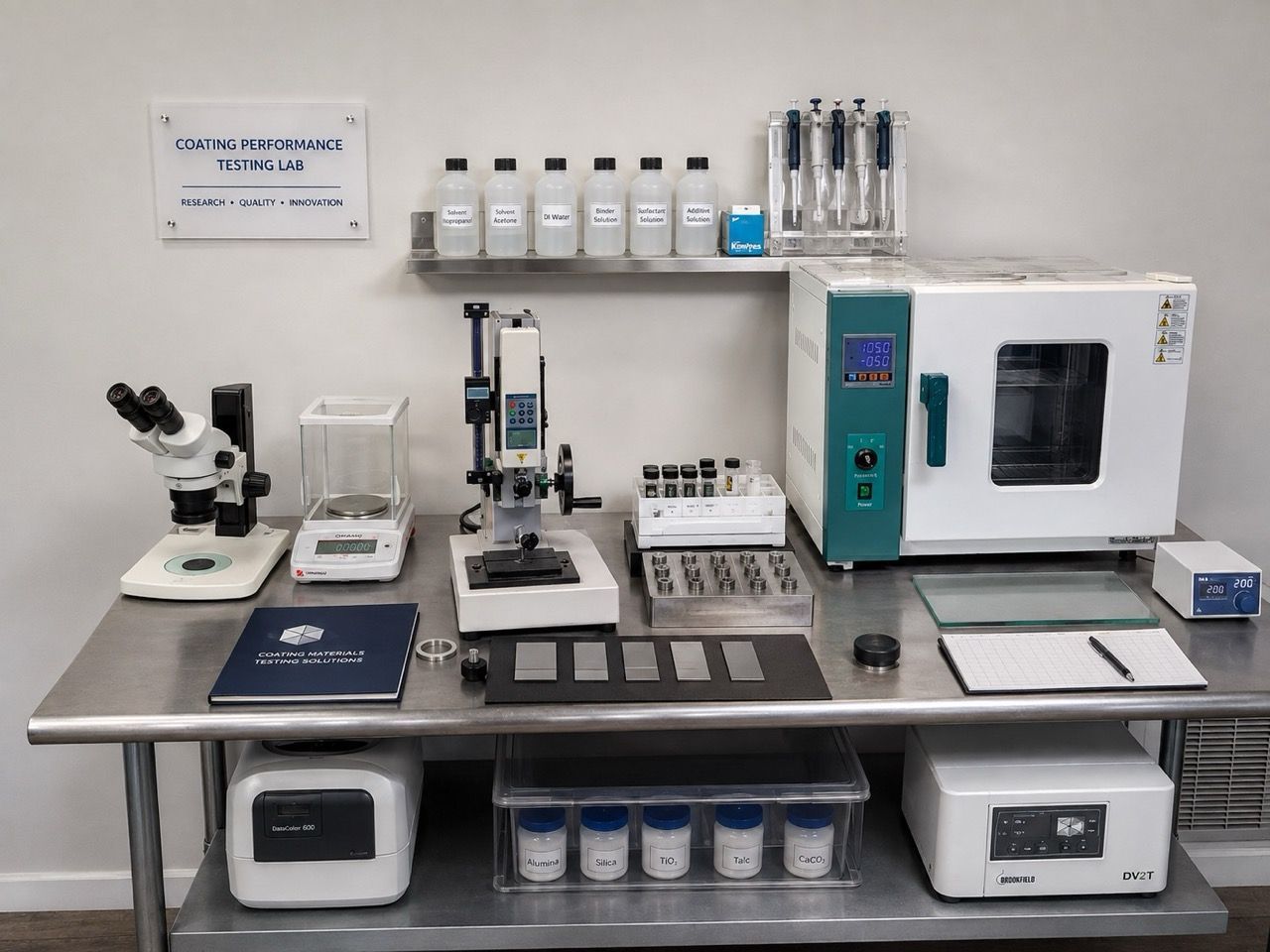 Coating performance testing lab with viscosity and adhesion testing equipment