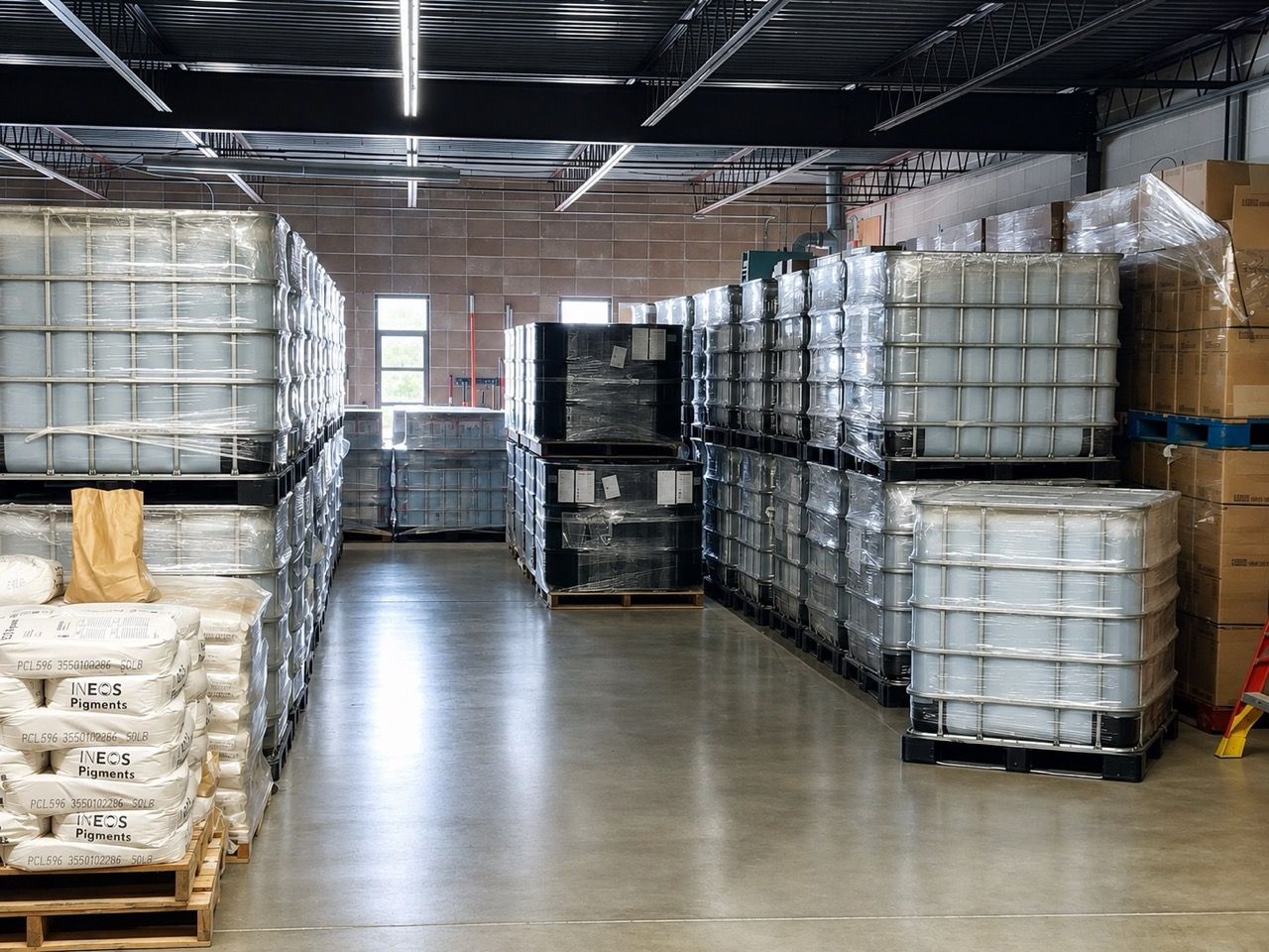 Bulk raw material totes and pigment supplies staged in the production warehouse