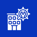 An icon of a building with a wrench on top of it.