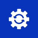A white gear with two blue arrows inside of it on a blue background.